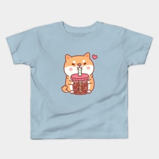 Cute Chubby Shiba Inu Dog Loves Bubble Tea Kids T-Shirt